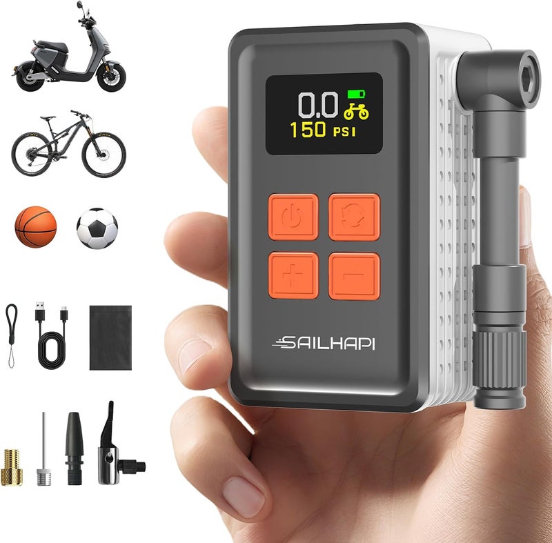 SAILHAPI Mini Bike Tire Pump (150PSI Fast Inflation with Guage) (Presta and Schrader Valve) Portable Electric Air Pump for Road and Mountain Bicycle, E-Bike, Motorcycle, Sports Ball - Image 1